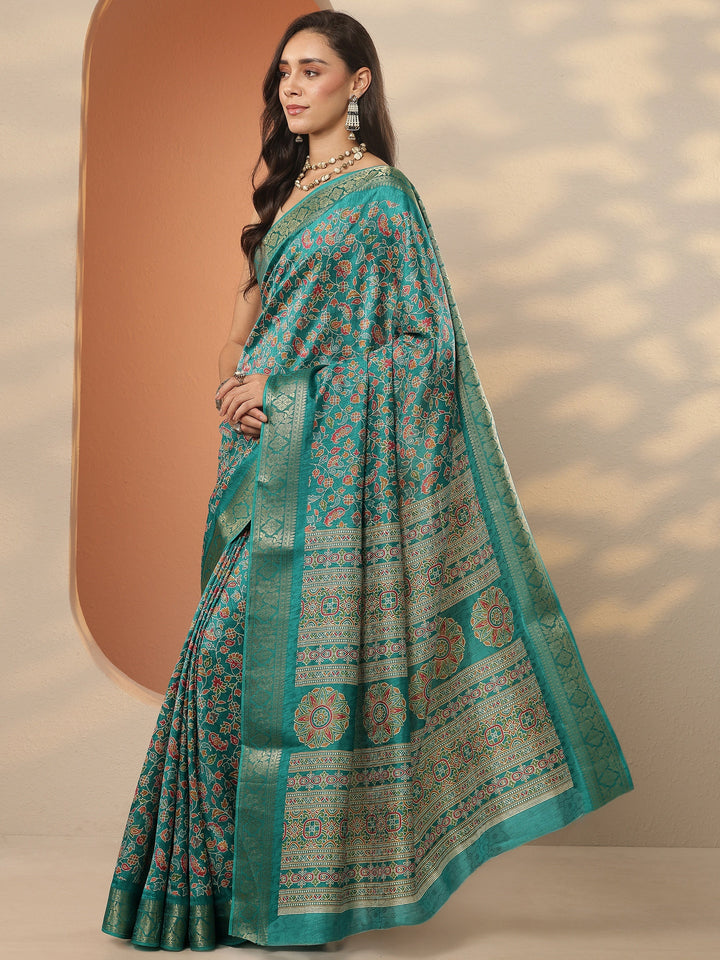Green Printed Silk Blend Saree With Unstitched Blouse Piece