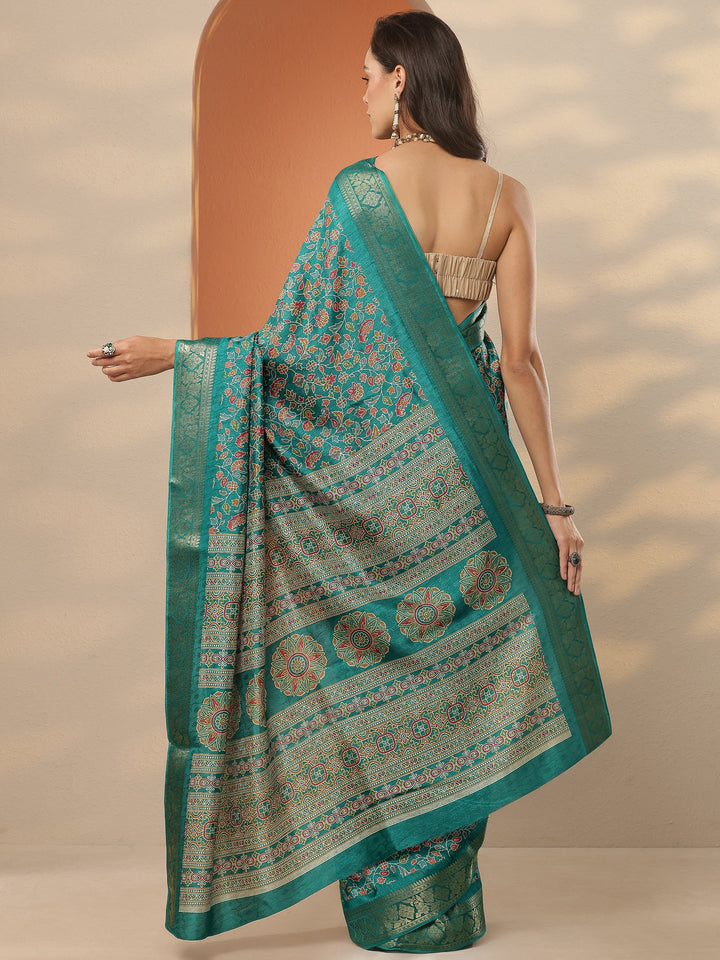 Green Printed Silk Blend Saree With Unstitched Blouse Piece