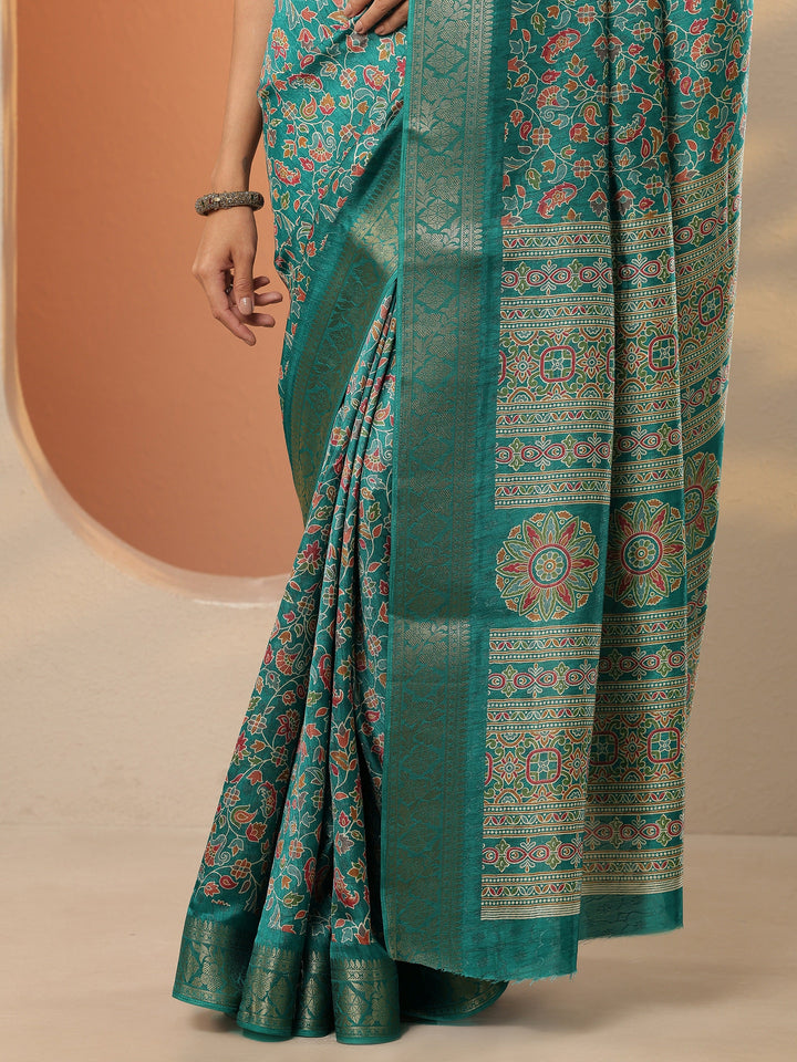 Green Printed Silk Blend Saree With Unstitched Blouse Piece