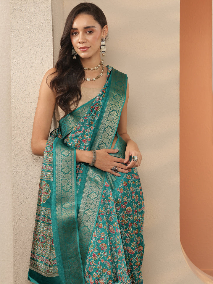 Green Printed Silk Blend Saree With Unstitched Blouse Piece