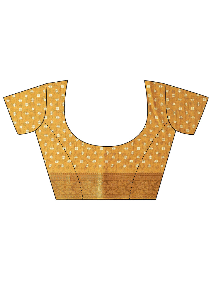 Mustard Printed Silk Blend Saree With Unstitched Blouse Piece