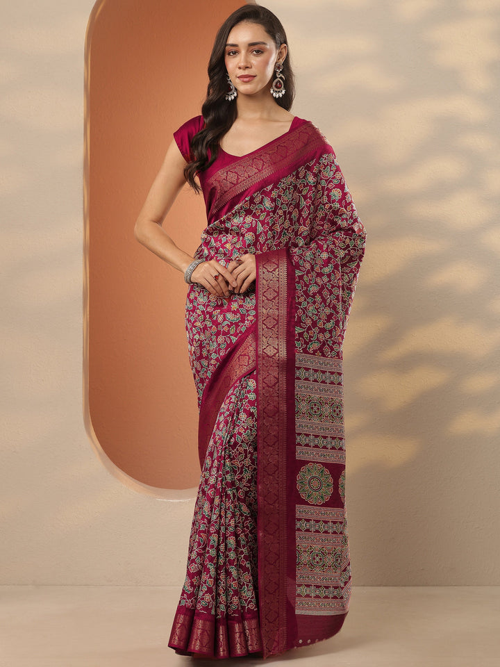 Brown Printed Silk Blend Saree With Unstitched Blouse Piece