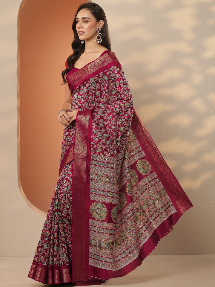 Brown Printed Silk Blend Saree With Unstitched Blouse Piece