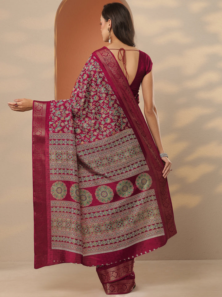 Brown Printed Silk Blend Saree With Unstitched Blouse Piece