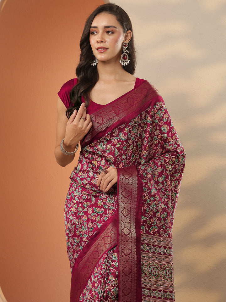 Brown Printed Silk Blend Saree With Unstitched Blouse Piece