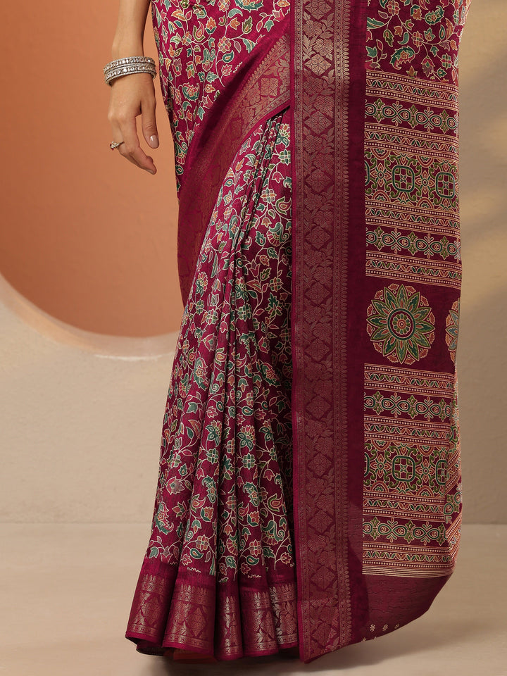 Brown Printed Silk Blend Saree With Unstitched Blouse Piece