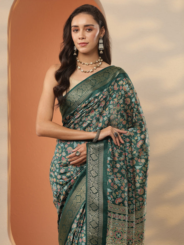 Green Printed Silk Blend Saree With Unstitched Blouse Piece