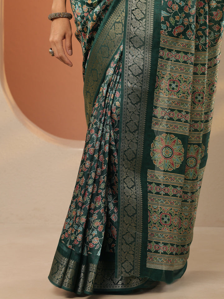 Green Printed Silk Blend Saree With Unstitched Blouse Piece