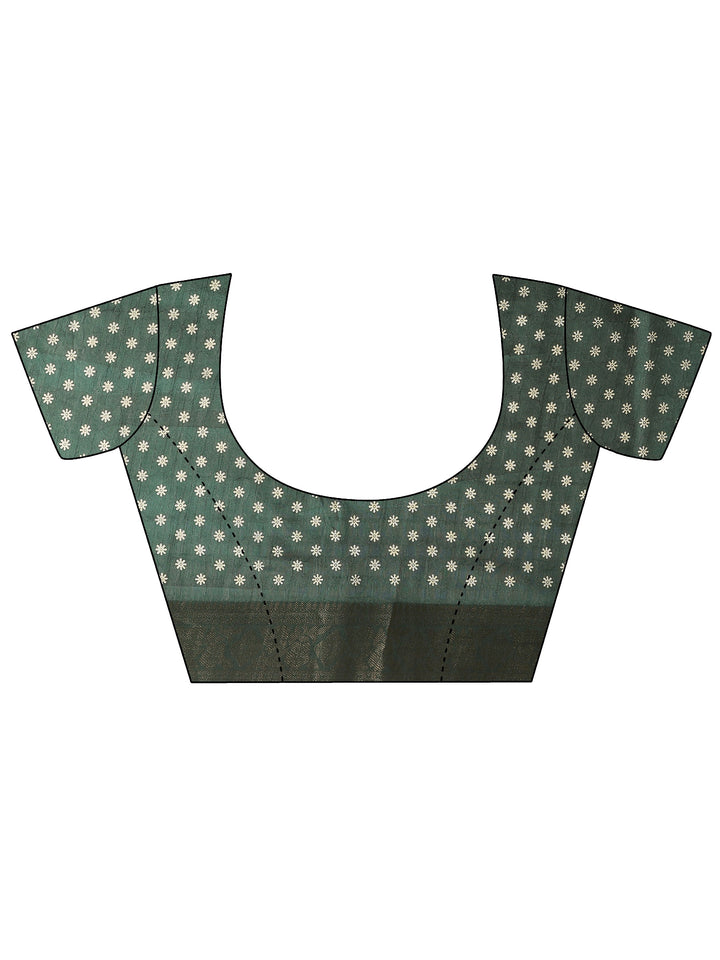 Green Printed Silk Blend Saree With Unstitched Blouse Piece