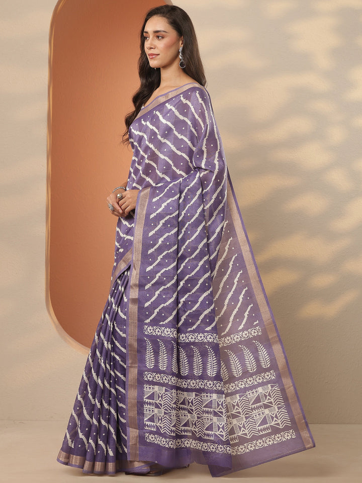 Lavender Leheriya Printed Silk Blend Saree With Unstitched Blouse Piece