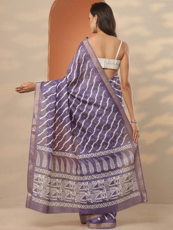 Lavender Leheriya Printed Silk Blend Saree With Unstitched Blouse Piece