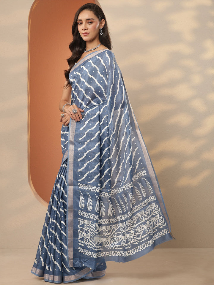 Blue Leheriya Printed Silk Blend Saree With Unstitched Blouse Piece