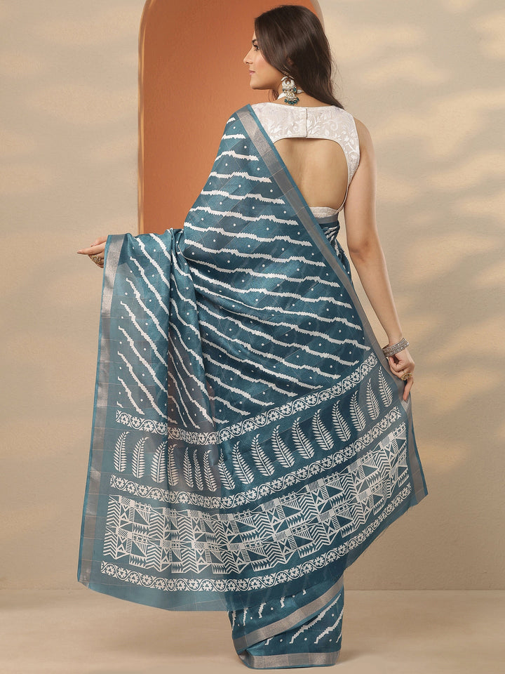 Teal Leheriya Printed Silk Blend Saree With Unstitched Blouse Piece