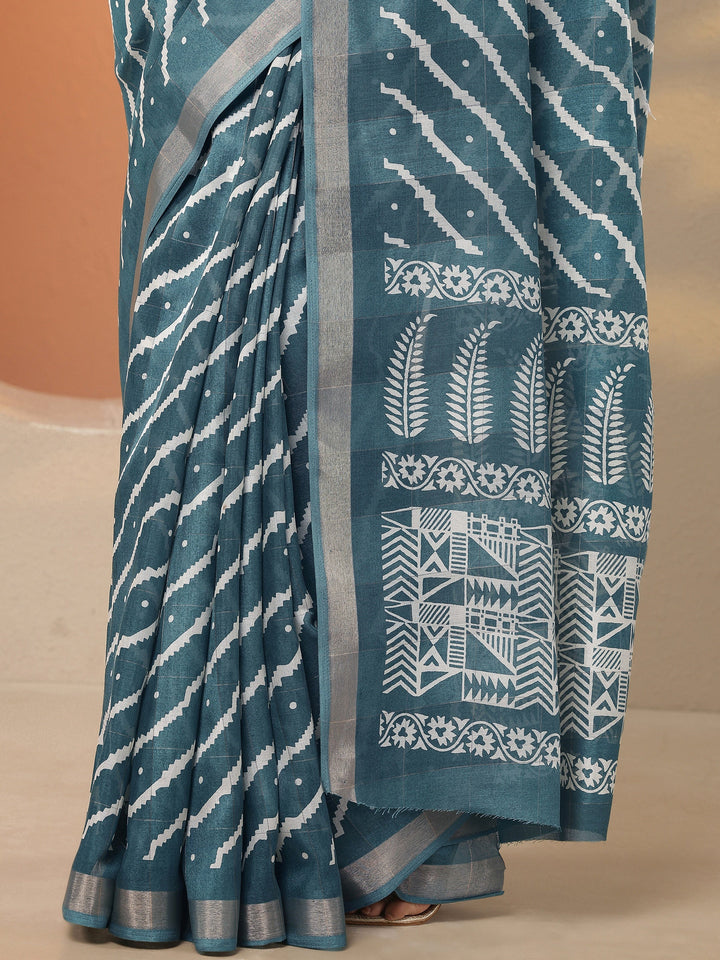 Teal Leheriya Printed Silk Blend Saree With Unstitched Blouse Piece