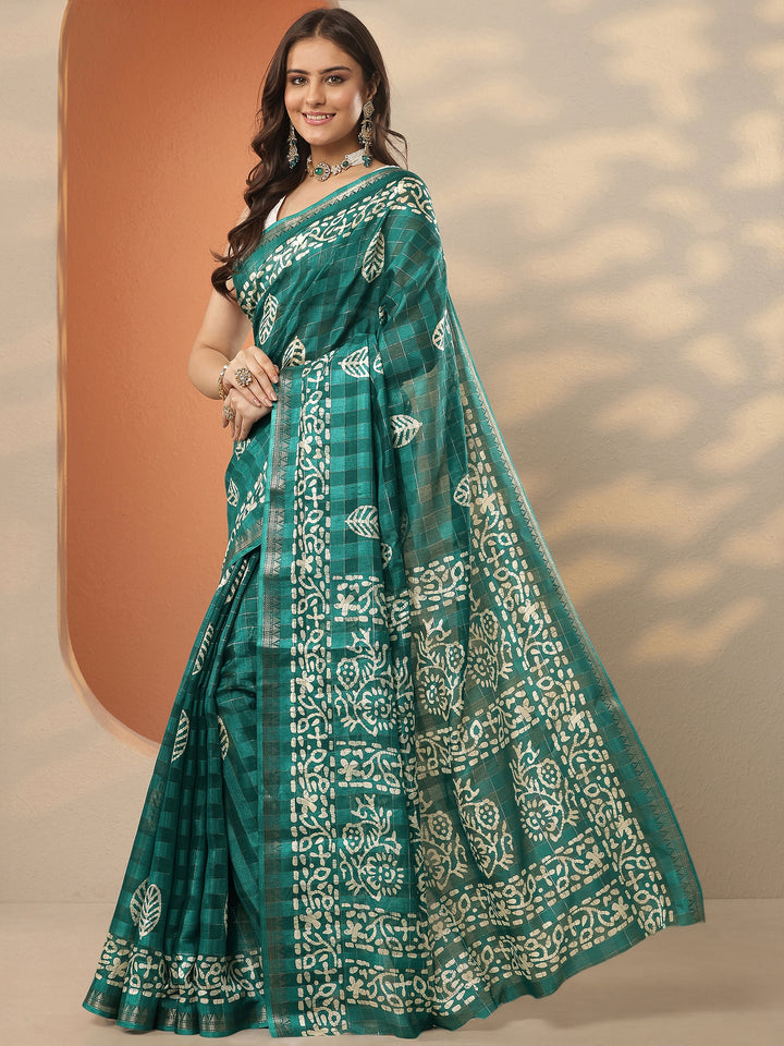 Green Printed Silk Blend Saree With Unstitched Blouse Piece