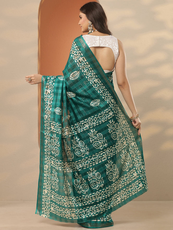 Green Printed Silk Blend Saree With Unstitched Blouse Piece