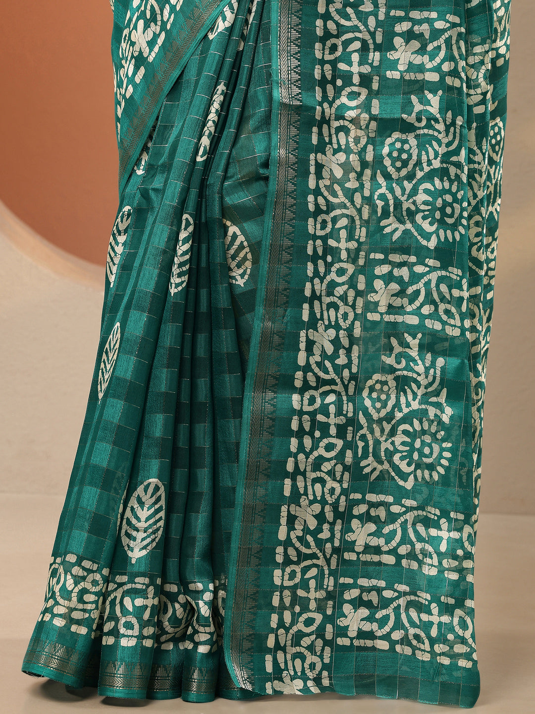 Green Printed Silk Blend Saree With Unstitched Blouse Piece