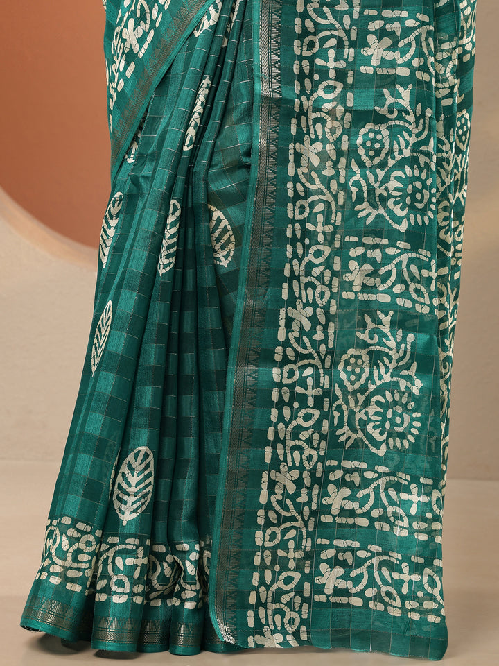 Green Printed Silk Blend Saree With Unstitched Blouse Piece
