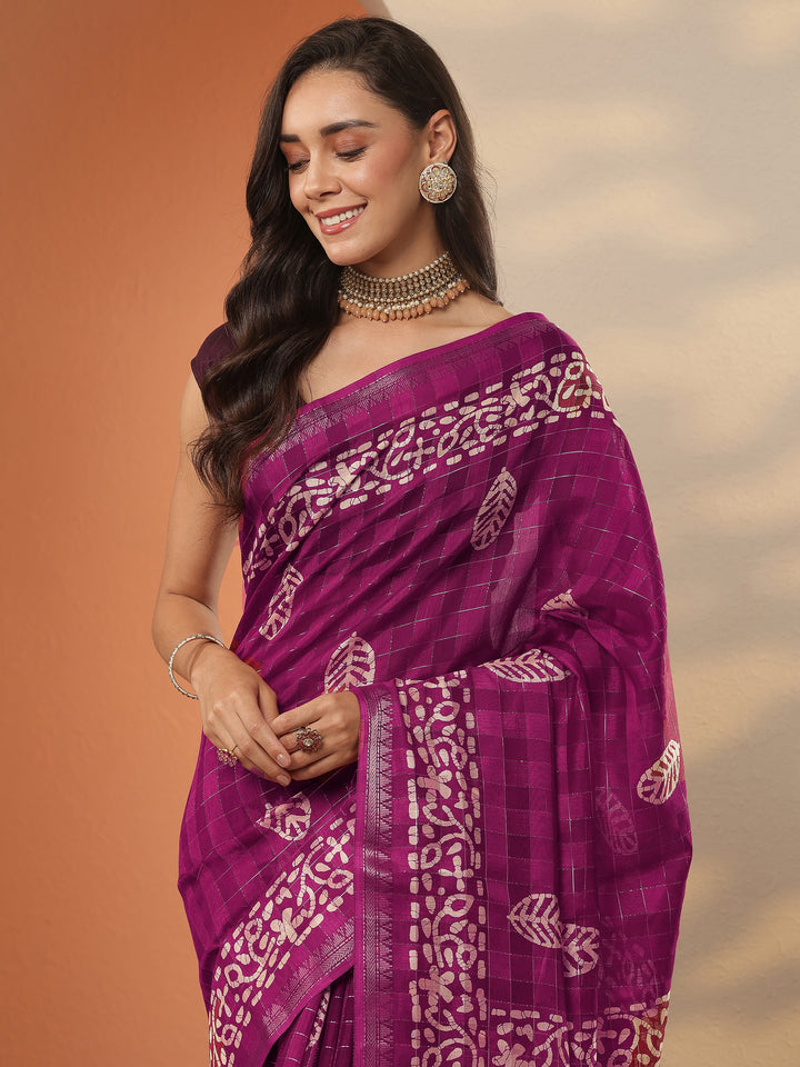 Burgundy Printed Silk Blend Saree With Unstitched Blouse Piece