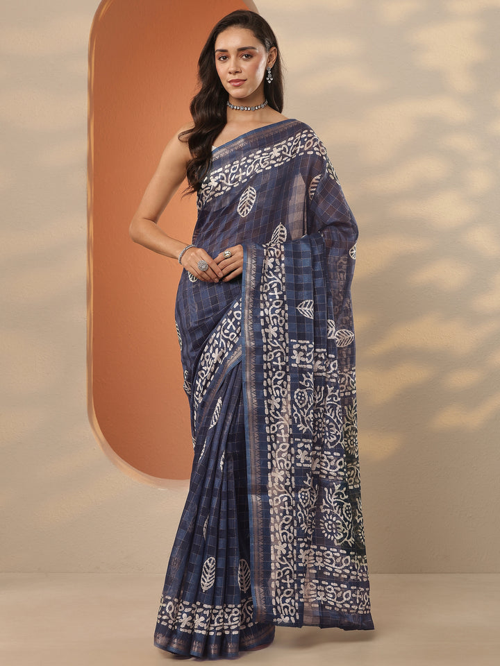 Blue Printed Silk Blend Saree With Unstitched Blouse Piece