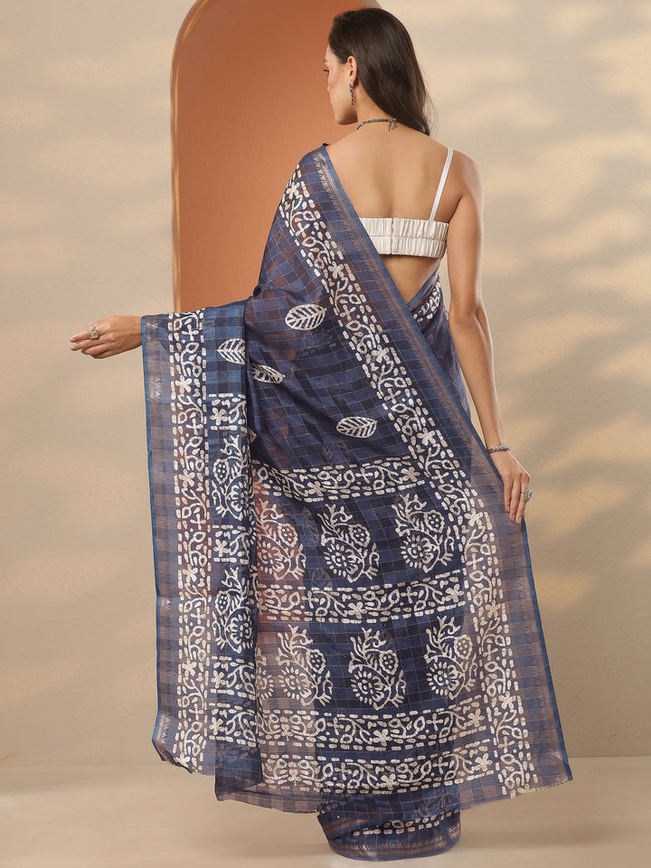 Blue Printed Silk Blend Saree With Unstitched Blouse Piece