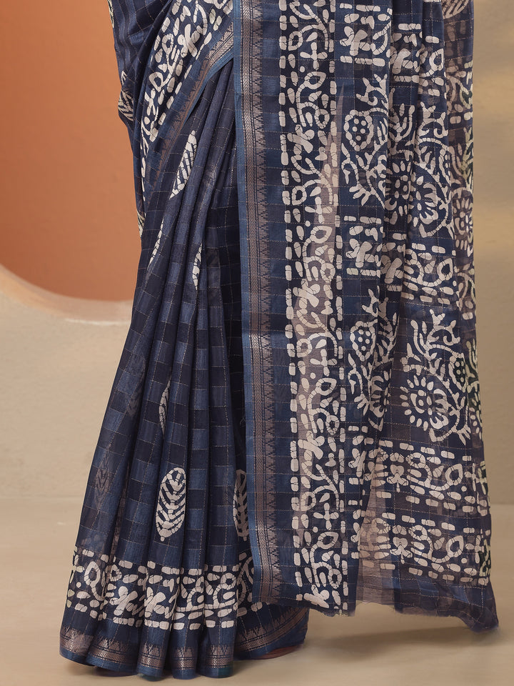 Blue Printed Silk Blend Saree With Unstitched Blouse Piece