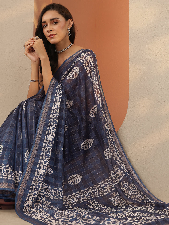 Blue Printed Silk Blend Saree With Unstitched Blouse Piece