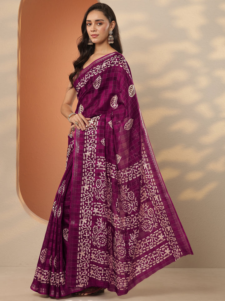 Burgundy Printed Silk Blend Saree With Unstitched Blouse Piece