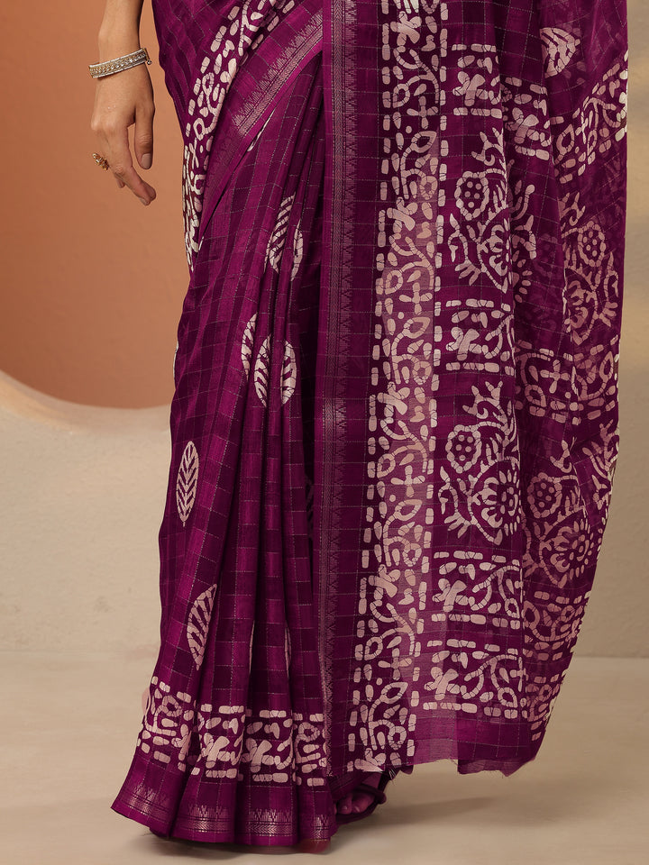 Burgundy Printed Silk Blend Saree With Unstitched Blouse Piece