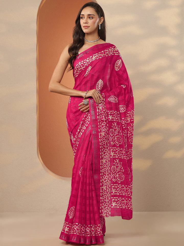 Pink Printed Silk Blend Saree With Unstitched Blouse Piece