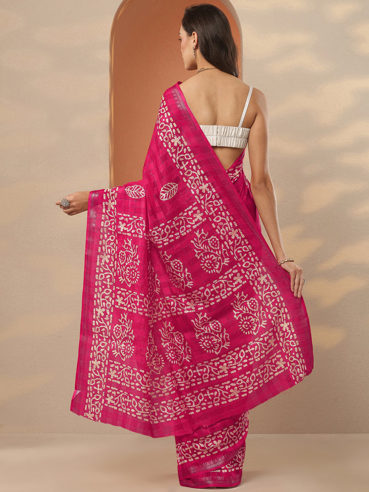 Pink Printed Silk Blend Saree With Unstitched Blouse Piece