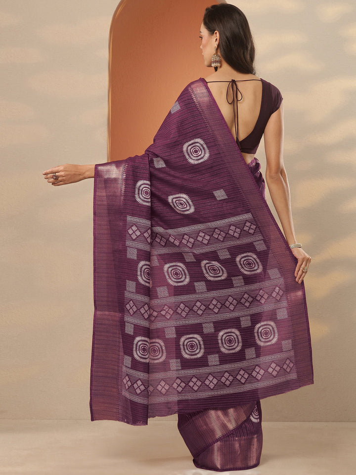 Burgundy Printed Silk Blend Saree With Unstitched Blouse Piece