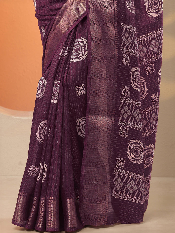 Burgundy Printed Silk Blend Saree With Unstitched Blouse Piece