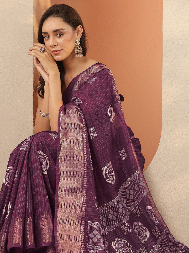 Burgundy Printed Silk Blend Saree With Unstitched Blouse Piece