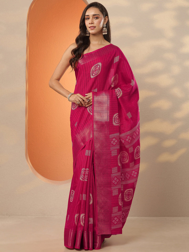 Pink Printed Silk Blend Saree With Unstitched Blouse Piece