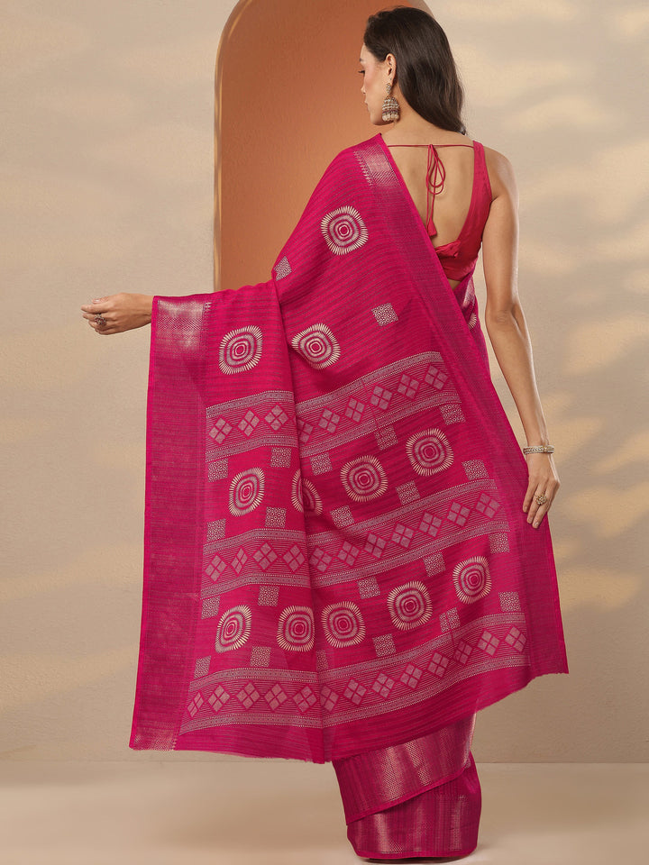 Pink Printed Silk Blend Saree With Unstitched Blouse Piece