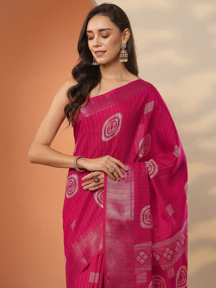 Pink Printed Silk Blend Saree With Unstitched Blouse Piece
