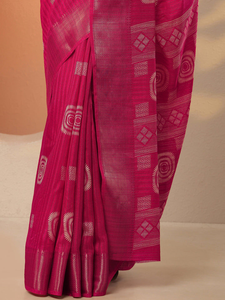 Pink Printed Silk Blend Saree With Unstitched Blouse Piece