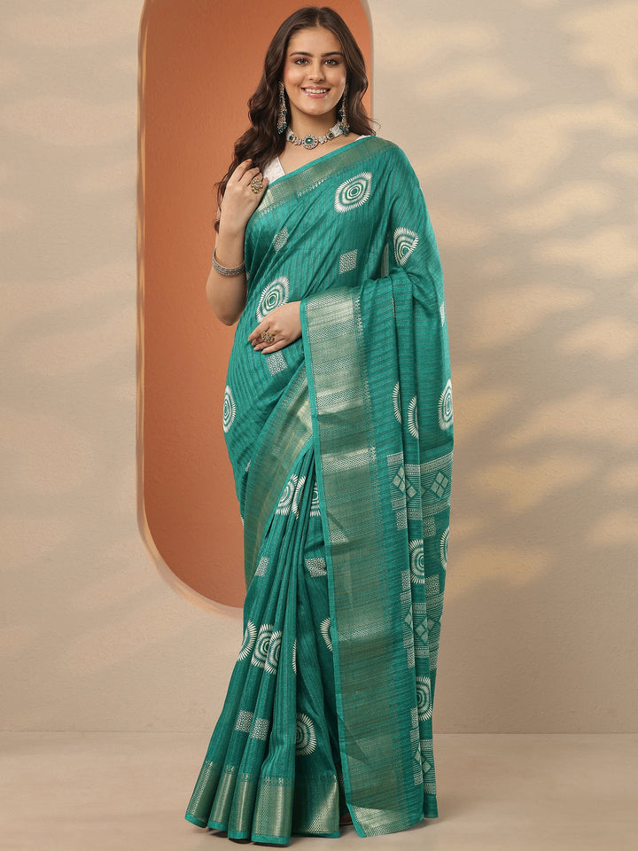 Green Printed Silk Blend Saree With Unstitched Blouse Piece
