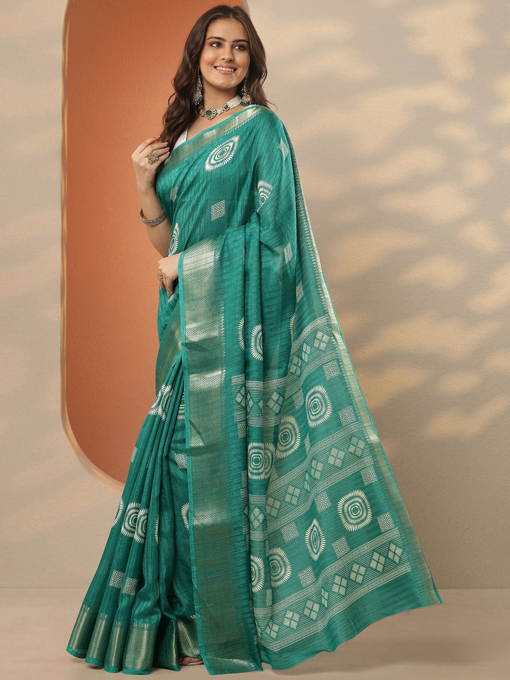 Green Printed Silk Blend Saree With Unstitched Blouse Piece