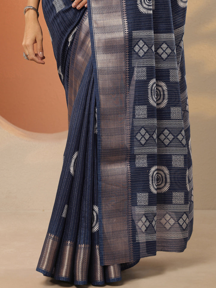 Navy blue Printed Silk Blend Saree With Unstitched Blouse Piece