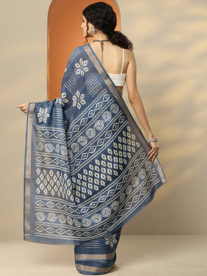 Navy Blue Printed Silk Blend Saree With Unstitched Blouse Piece