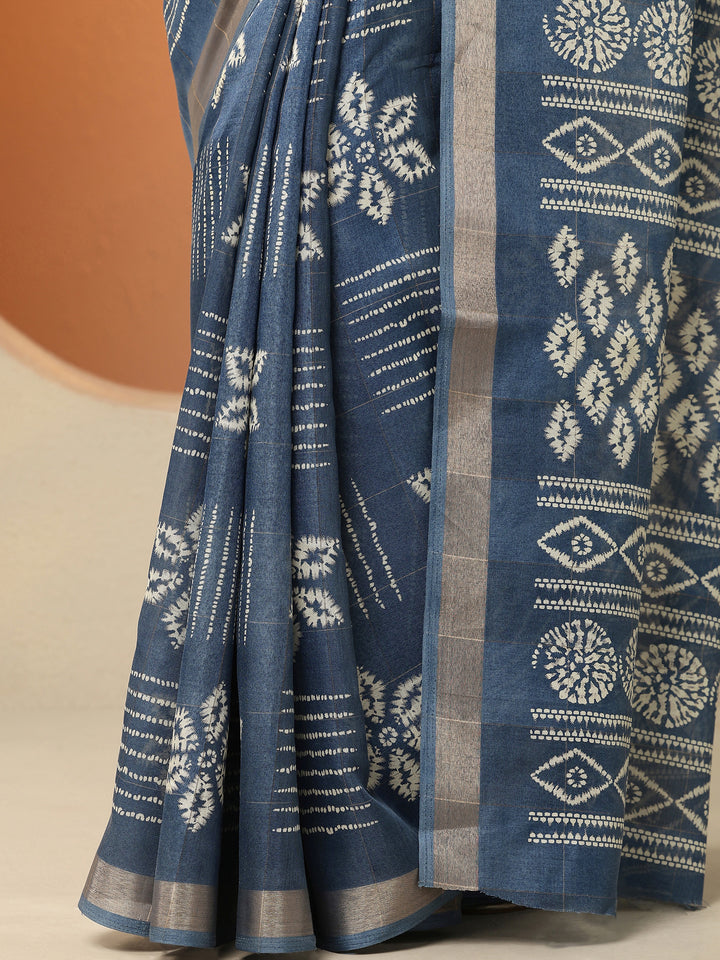 Navy Blue Printed Silk Blend Saree With Unstitched Blouse Piece