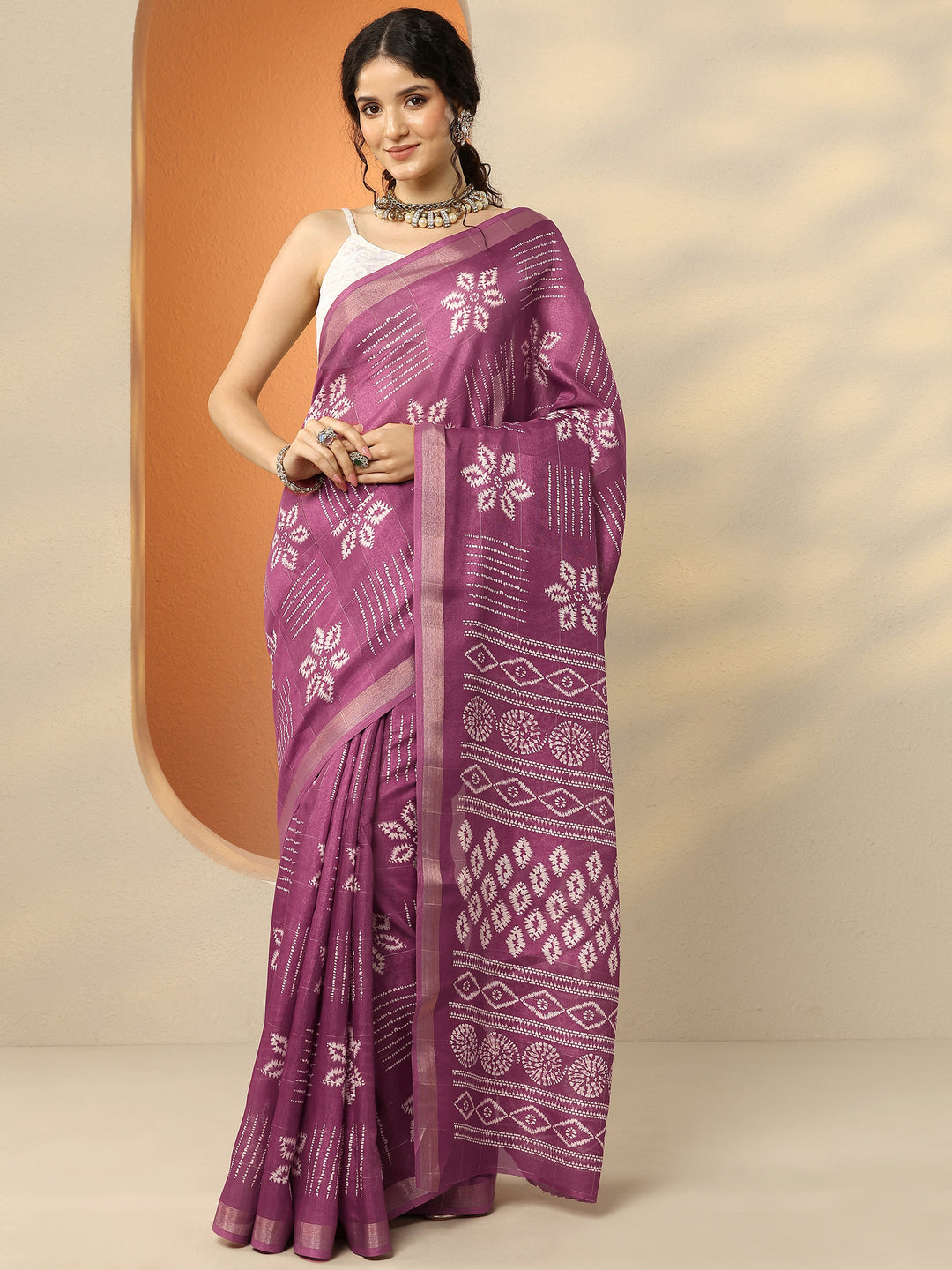 Mauve Printed Silk Blend Saree With Unstitched Blouse Piece