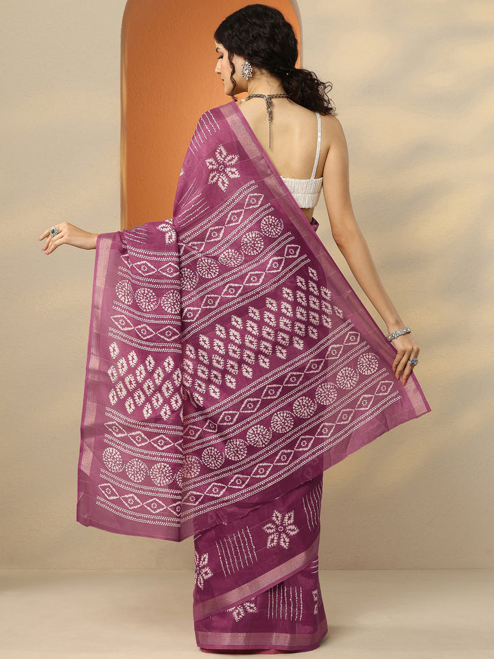 Mauve Printed Silk Blend Saree With Unstitched Blouse Piece