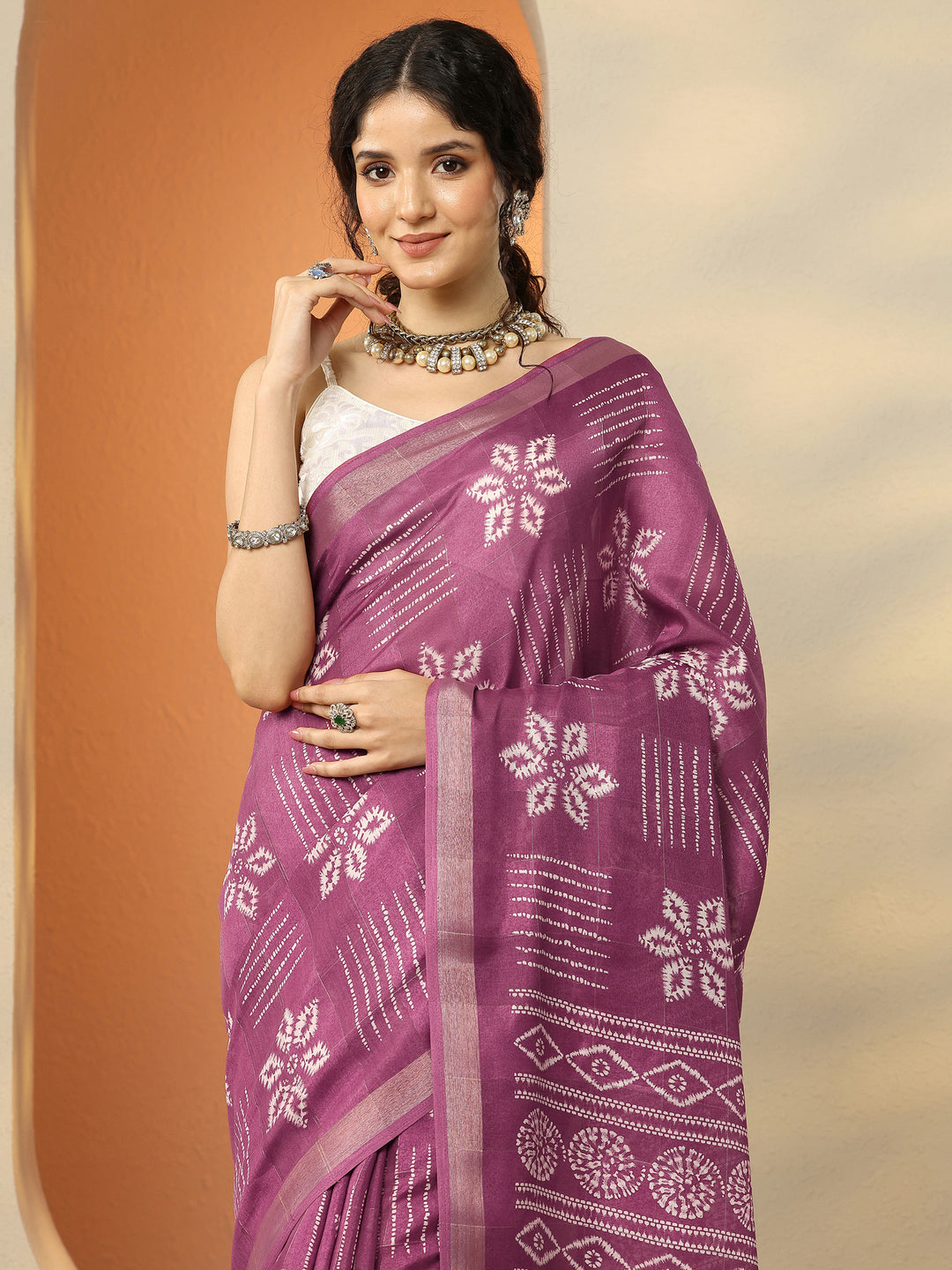 Mauve Printed Silk Blend Saree With Unstitched Blouse Piece