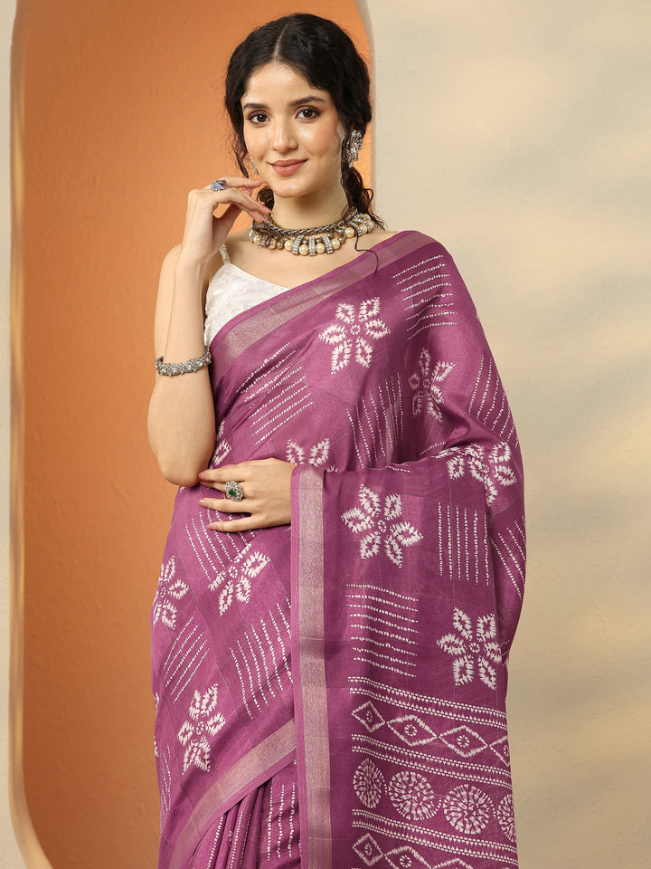 Mauve Printed Silk Blend Saree With Unstitched Blouse Piece