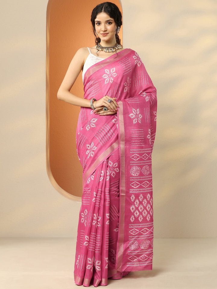 Pink Printed Silk Blend Saree With Unstitched Blouse Piece