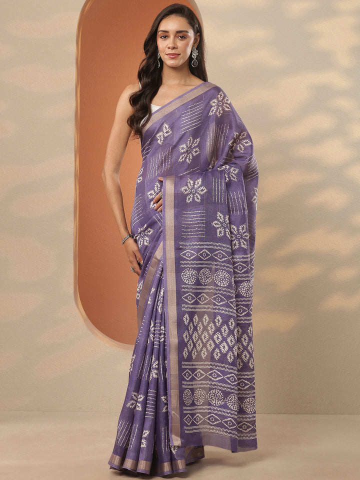 Lavender Printed Silk Blend Saree With Unstitched Blouse Piece