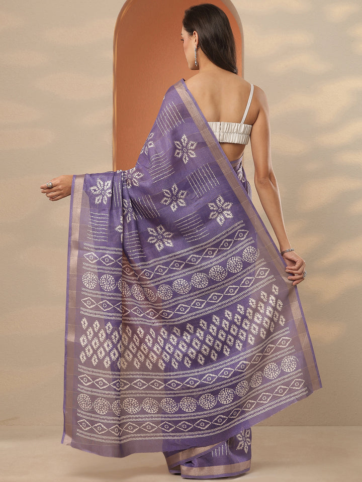 Lavender Printed Silk Blend Saree With Unstitched Blouse Piece
